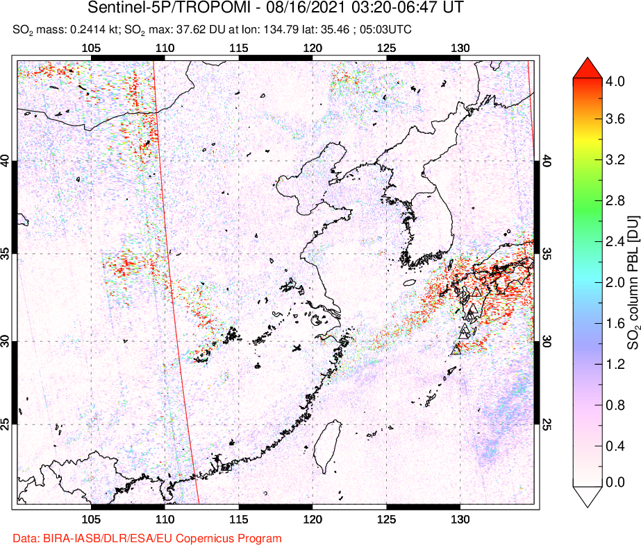 A sulfur dioxide image over Eastern China on Aug 16, 2021.