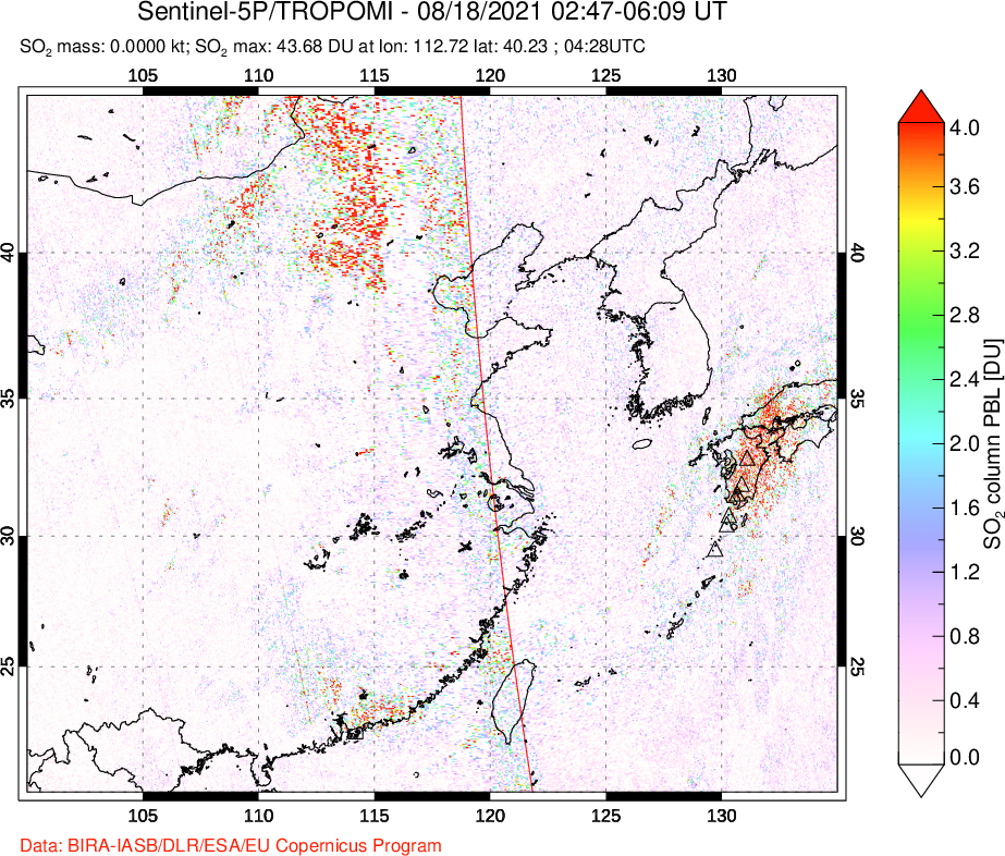 A sulfur dioxide image over Eastern China on Aug 18, 2021.