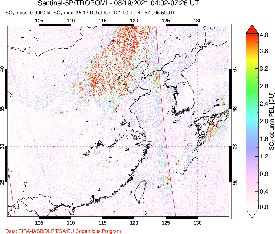 A sulfur dioxide image over Eastern China on Aug 19, 2021.