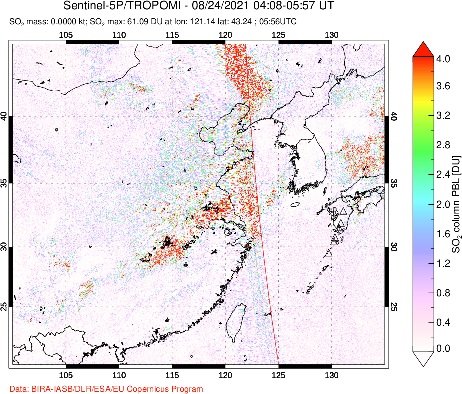 A sulfur dioxide image over Eastern China on Aug 24, 2021.