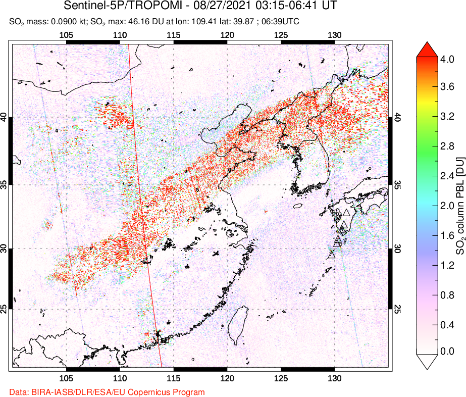 A sulfur dioxide image over Eastern China on Aug 27, 2021.