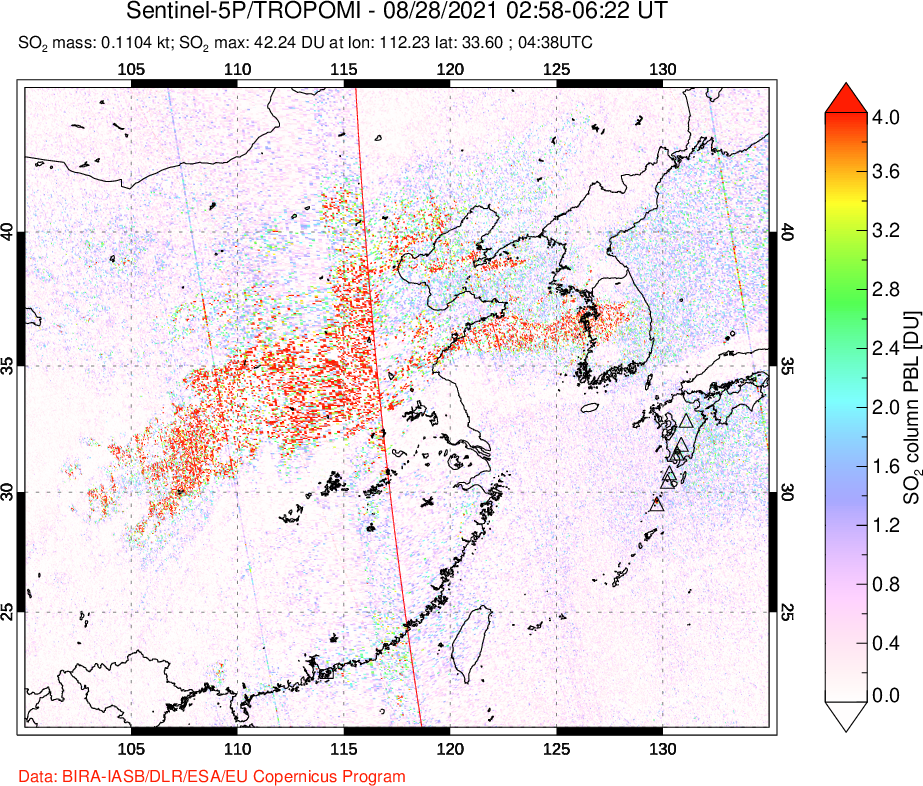 A sulfur dioxide image over Eastern China on Aug 28, 2021.