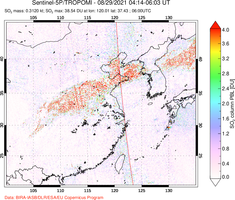 A sulfur dioxide image over Eastern China on Aug 29, 2021.