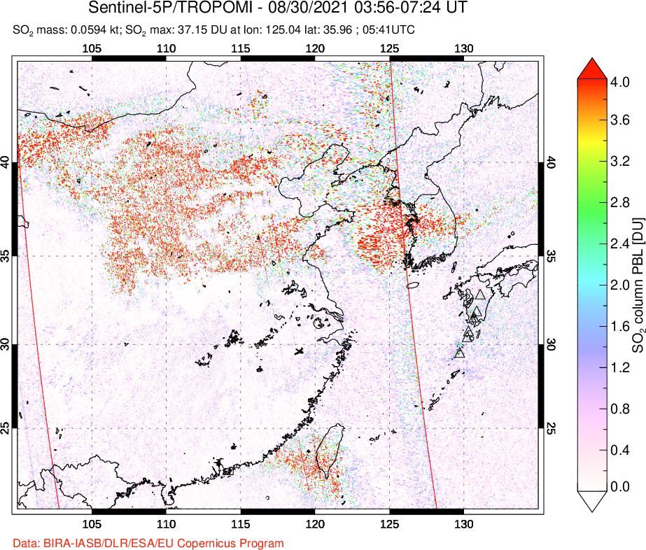 A sulfur dioxide image over Eastern China on Aug 30, 2021.