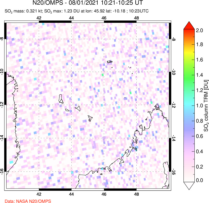 A sulfur dioxide image over Comoro Islands on Aug 01, 2021.