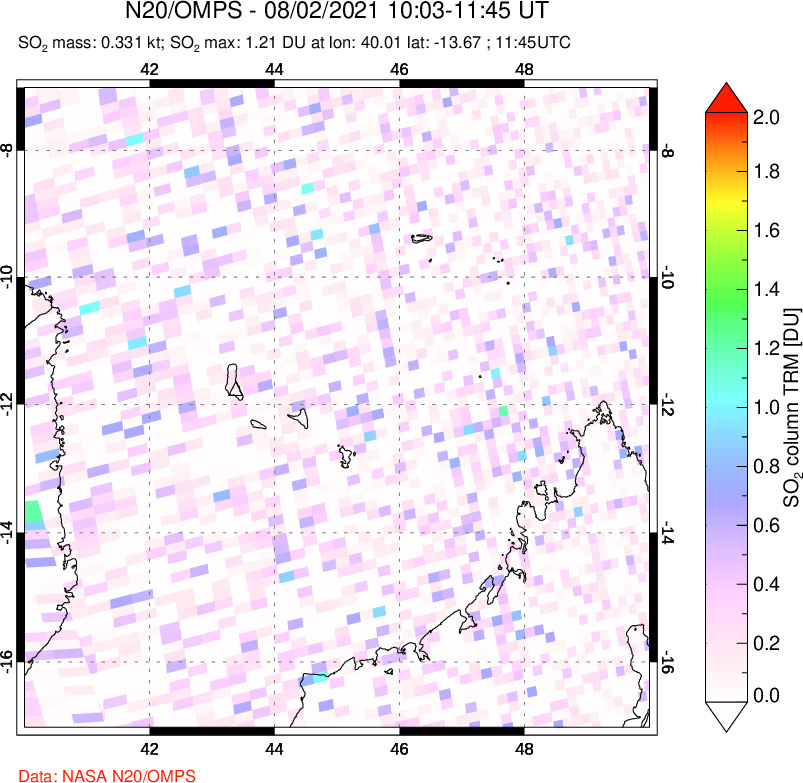 A sulfur dioxide image over Comoro Islands on Aug 02, 2021.