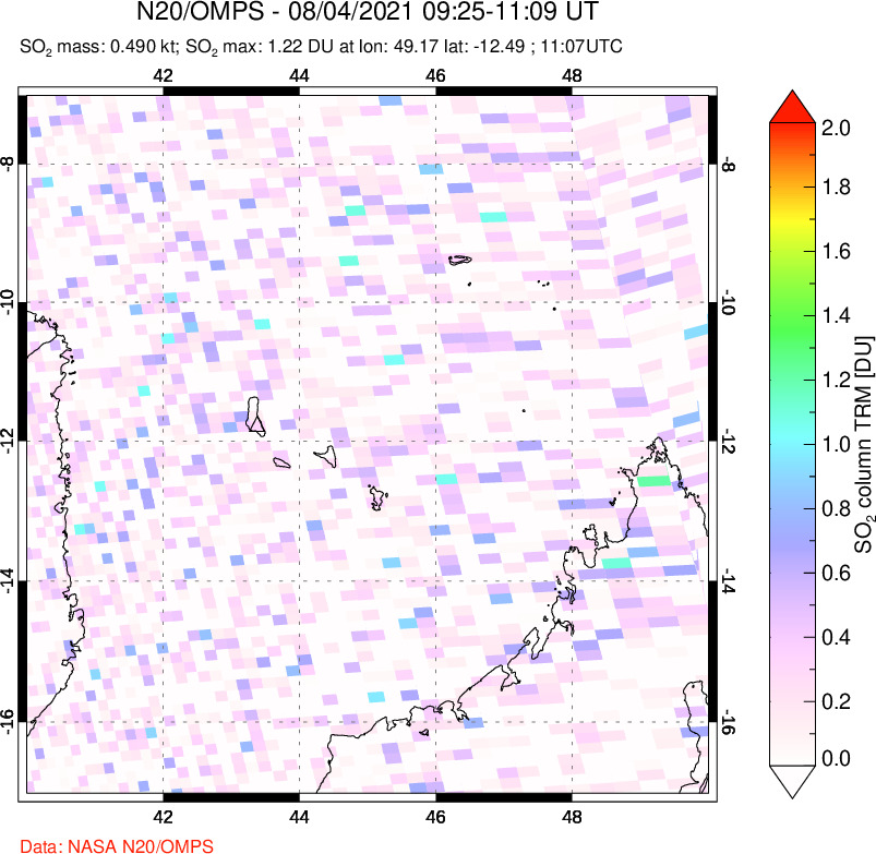 A sulfur dioxide image over Comoro Islands on Aug 04, 2021.