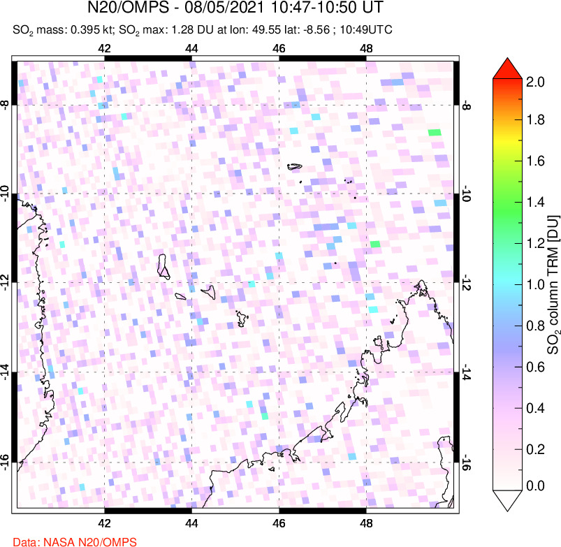 A sulfur dioxide image over Comoro Islands on Aug 05, 2021.