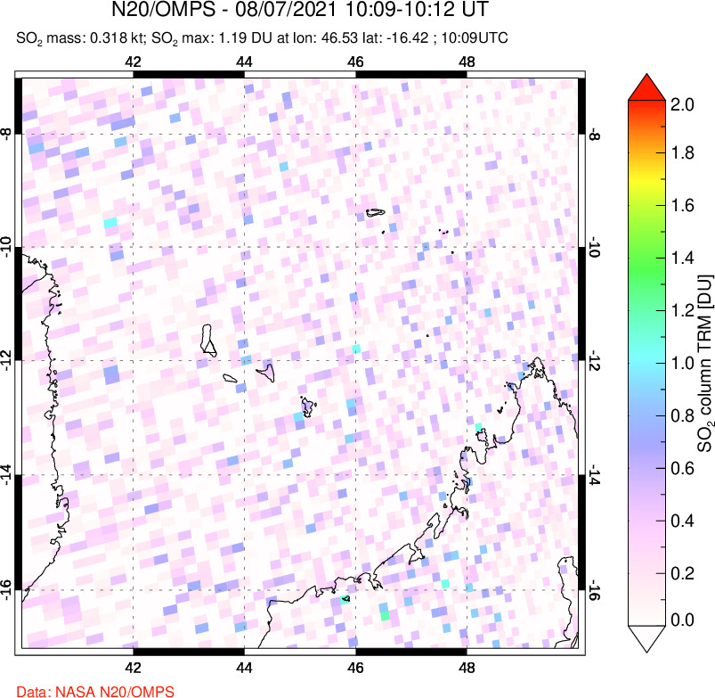 A sulfur dioxide image over Comoro Islands on Aug 07, 2021.