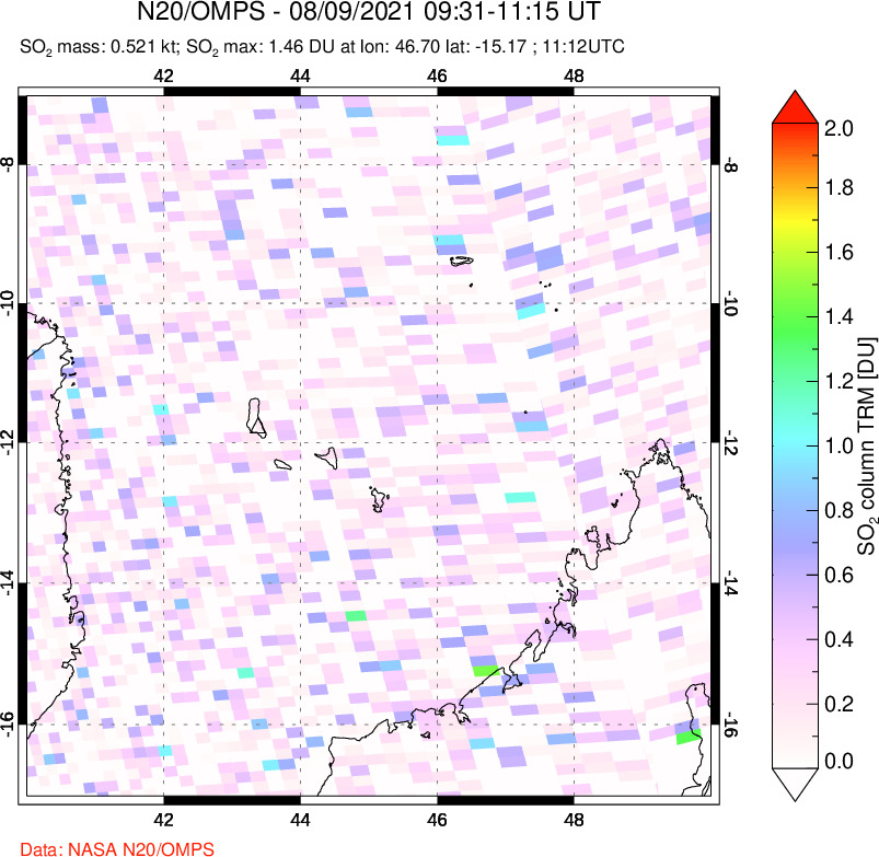 A sulfur dioxide image over Comoro Islands on Aug 09, 2021.