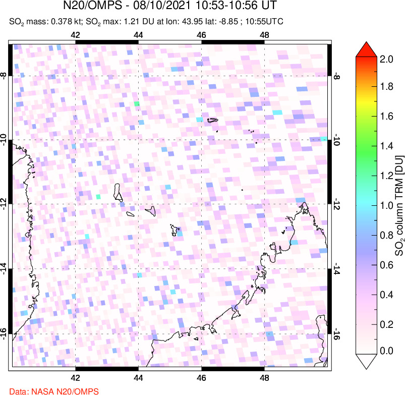 A sulfur dioxide image over Comoro Islands on Aug 10, 2021.