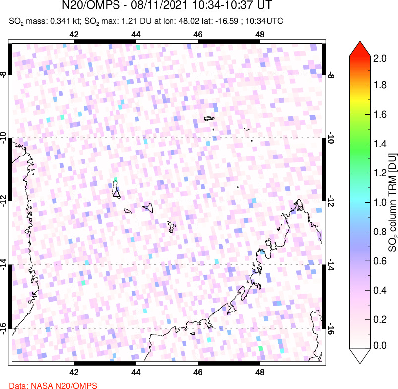 A sulfur dioxide image over Comoro Islands on Aug 11, 2021.