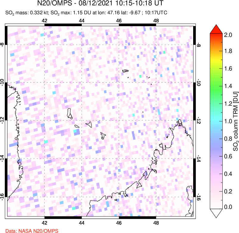 A sulfur dioxide image over Comoro Islands on Aug 12, 2021.