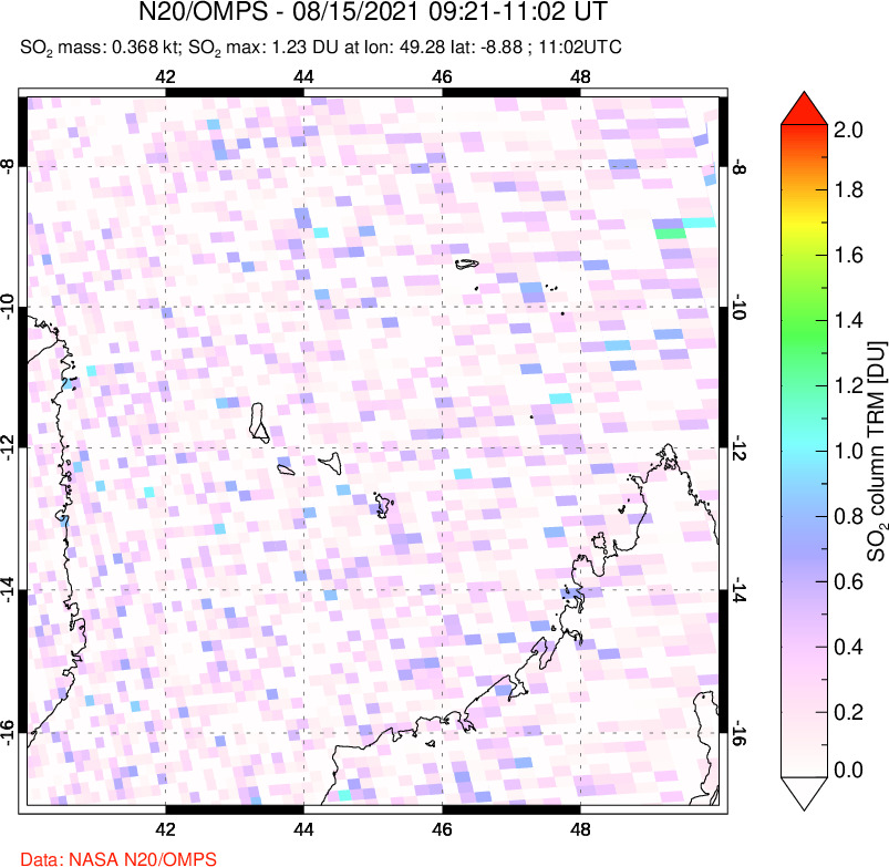 A sulfur dioxide image over Comoro Islands on Aug 15, 2021.