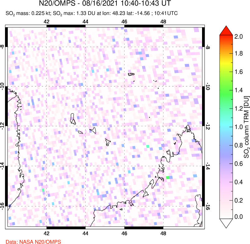 A sulfur dioxide image over Comoro Islands on Aug 16, 2021.