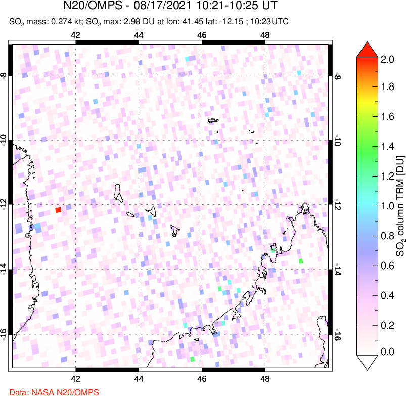 A sulfur dioxide image over Comoro Islands on Aug 17, 2021.