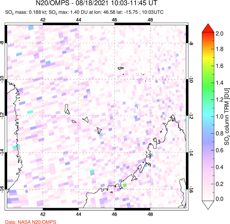 A sulfur dioxide image over Comoro Islands on Aug 18, 2021.