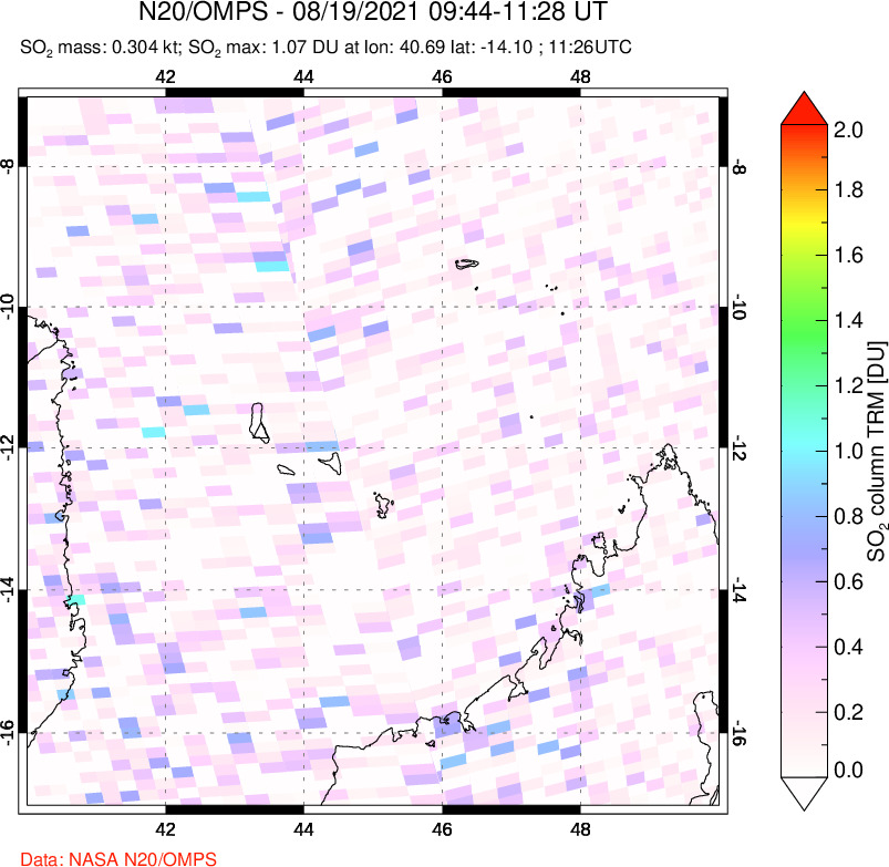 A sulfur dioxide image over Comoro Islands on Aug 19, 2021.
