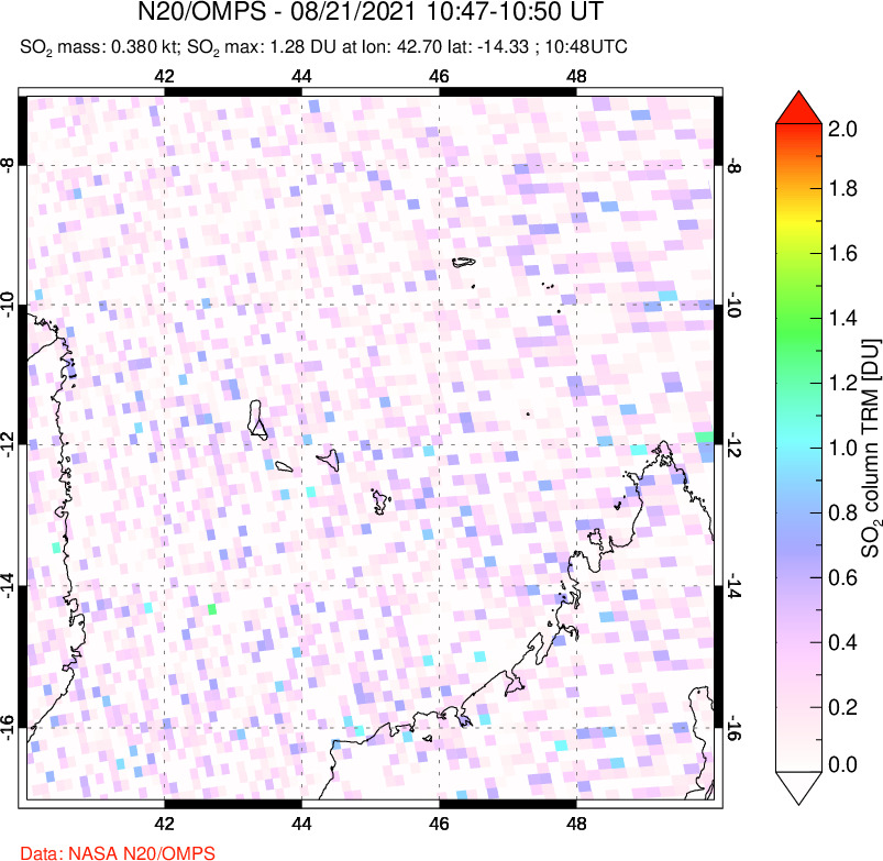 A sulfur dioxide image over Comoro Islands on Aug 21, 2021.