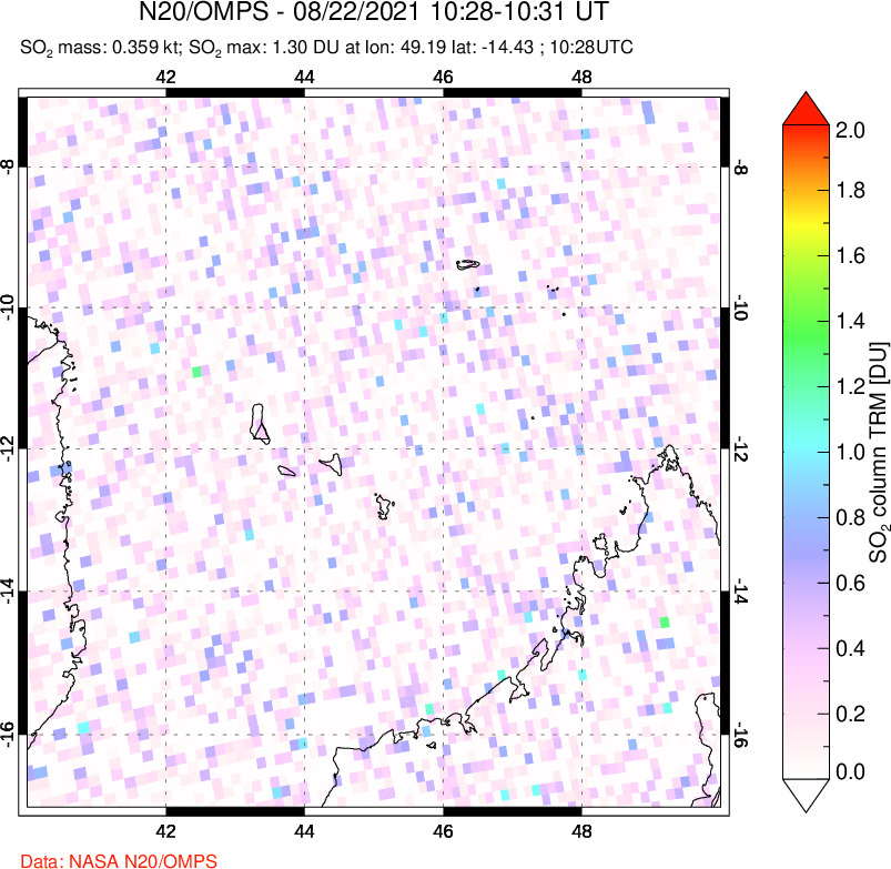 A sulfur dioxide image over Comoro Islands on Aug 22, 2021.
