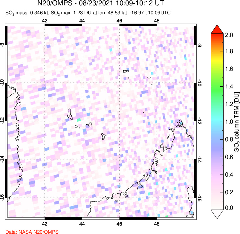 A sulfur dioxide image over Comoro Islands on Aug 23, 2021.