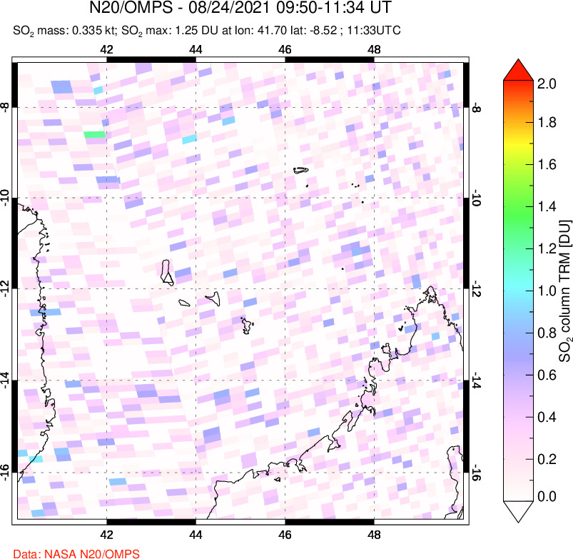 A sulfur dioxide image over Comoro Islands on Aug 24, 2021.