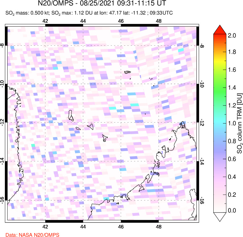 A sulfur dioxide image over Comoro Islands on Aug 25, 2021.