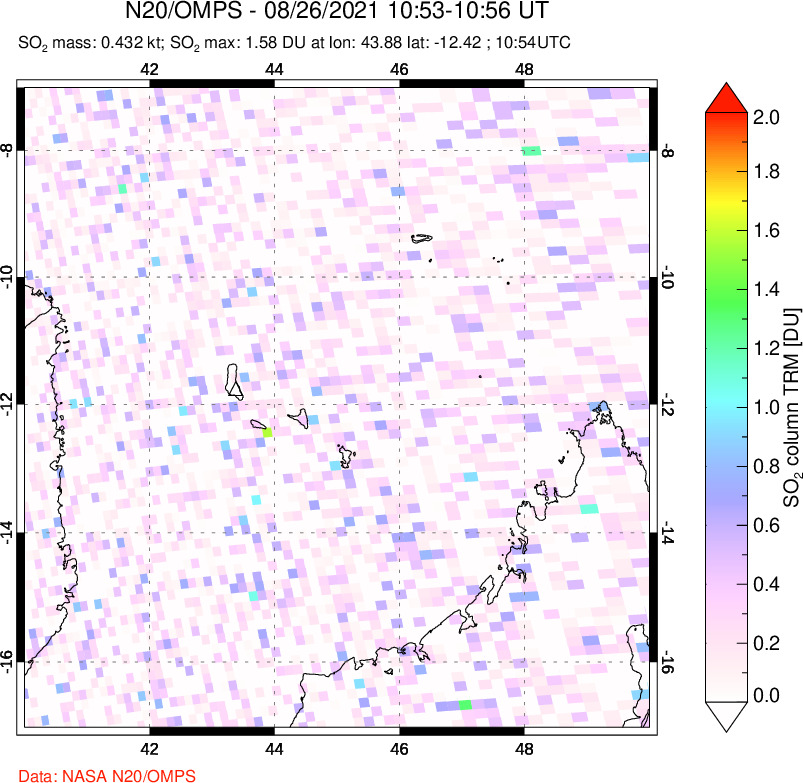 A sulfur dioxide image over Comoro Islands on Aug 26, 2021.