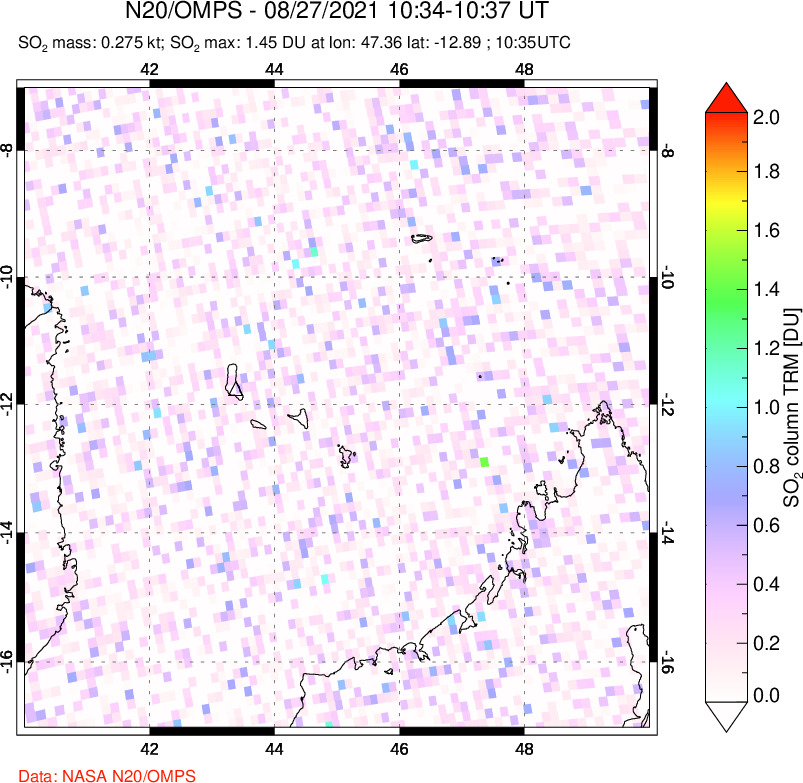 A sulfur dioxide image over Comoro Islands on Aug 27, 2021.