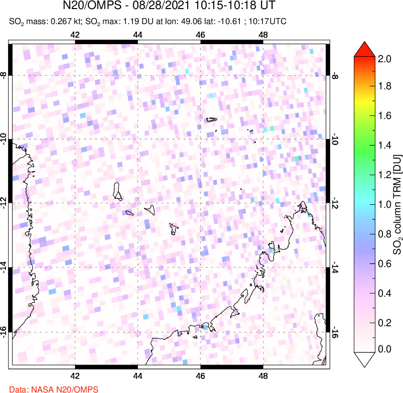 A sulfur dioxide image over Comoro Islands on Aug 28, 2021.