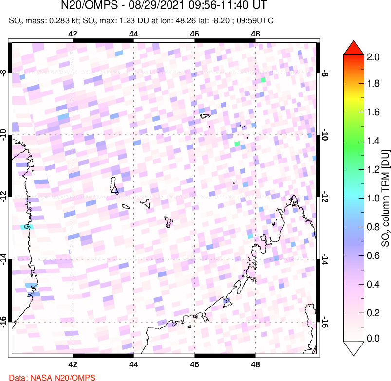 A sulfur dioxide image over Comoro Islands on Aug 29, 2021.