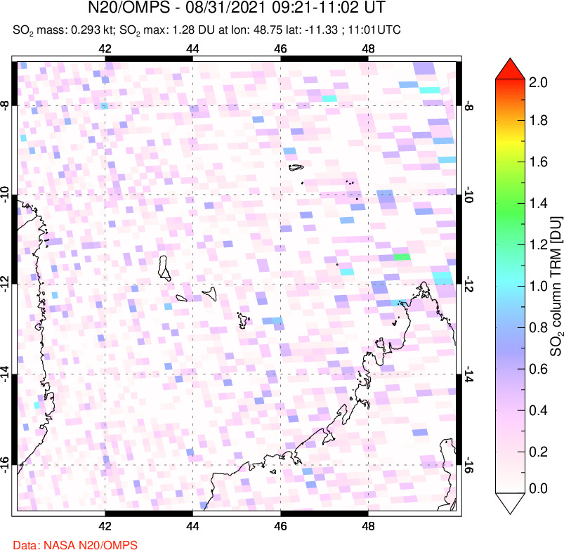 A sulfur dioxide image over Comoro Islands on Aug 31, 2021.