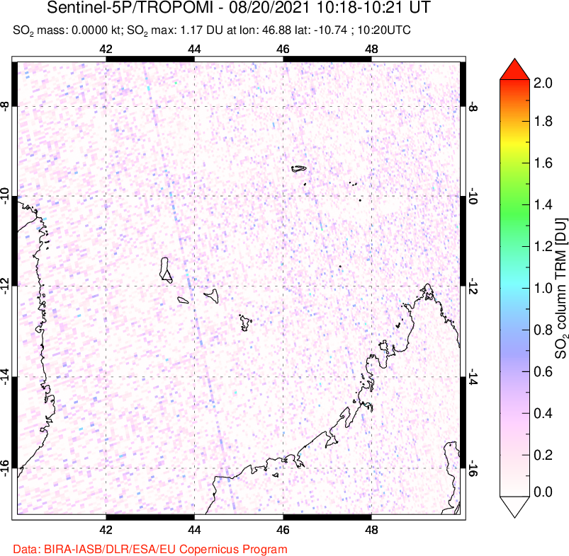 A sulfur dioxide image over Comoro Islands on Aug 20, 2021.