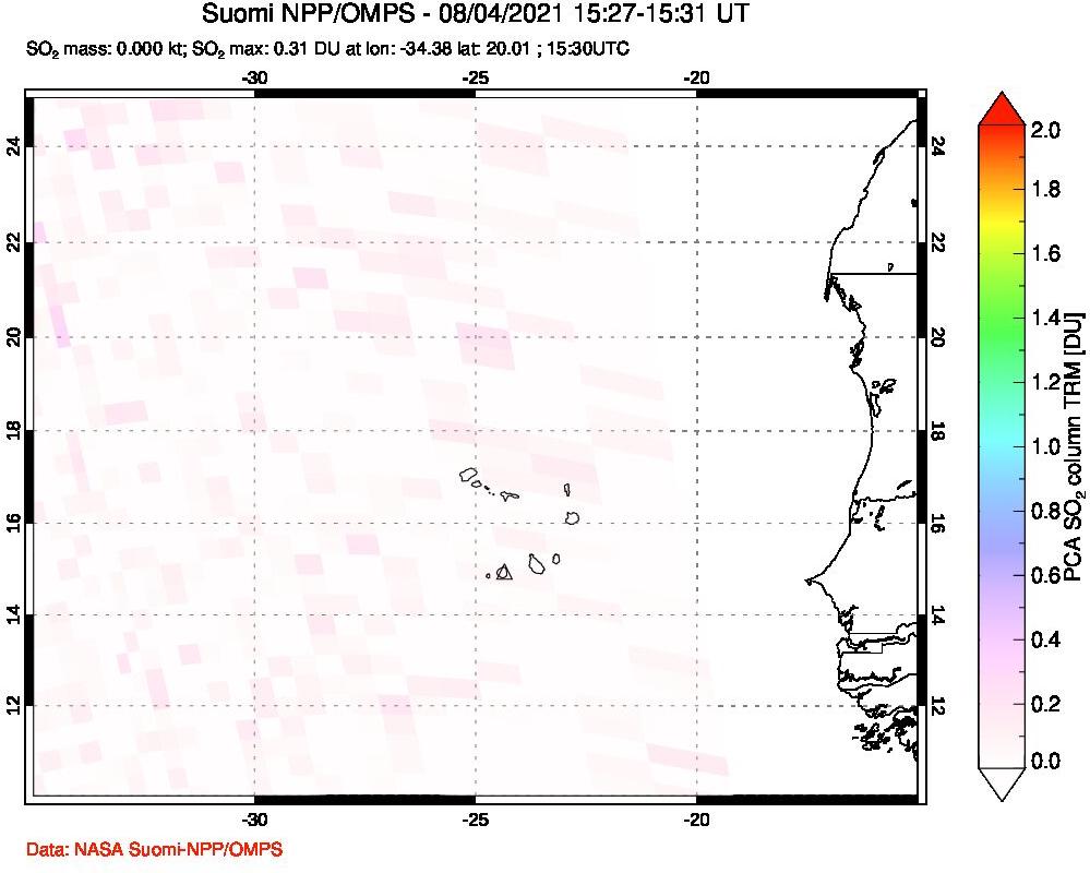 A sulfur dioxide image over Cape Verde Islands on Aug 04, 2021.
