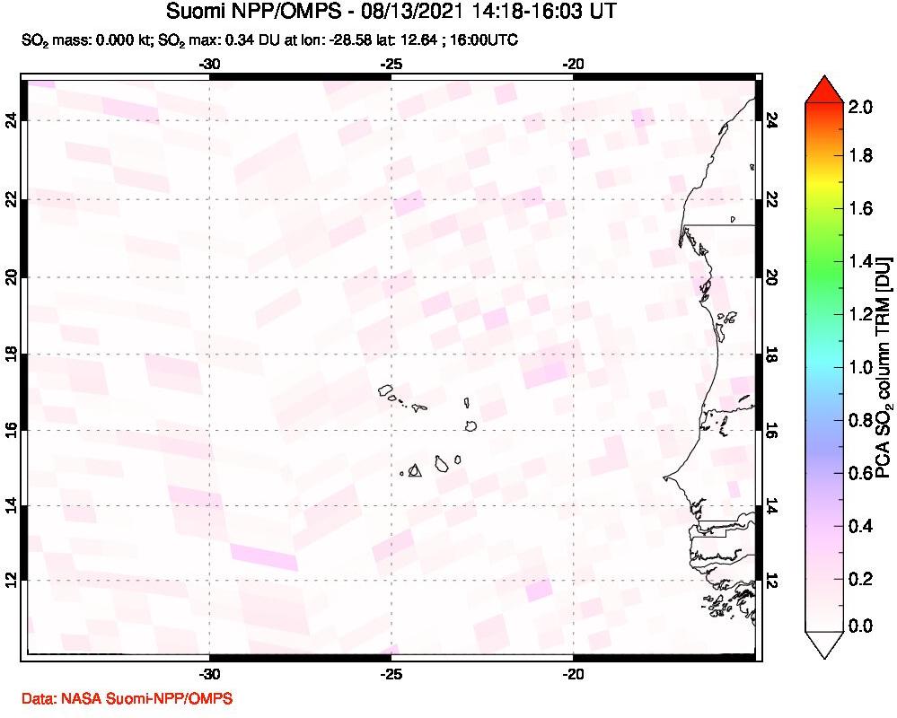 A sulfur dioxide image over Cape Verde Islands on Aug 13, 2021.
