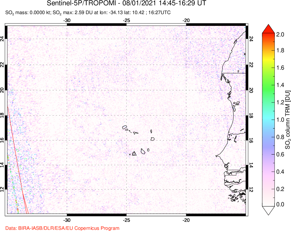 A sulfur dioxide image over Cape Verde Islands on Aug 01, 2021.