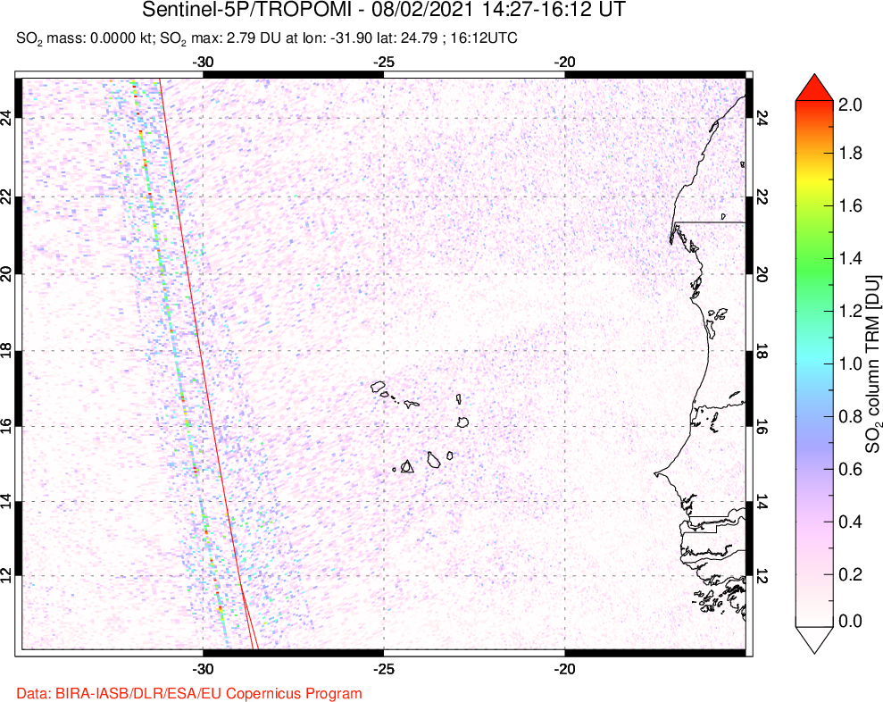 A sulfur dioxide image over Cape Verde Islands on Aug 02, 2021.