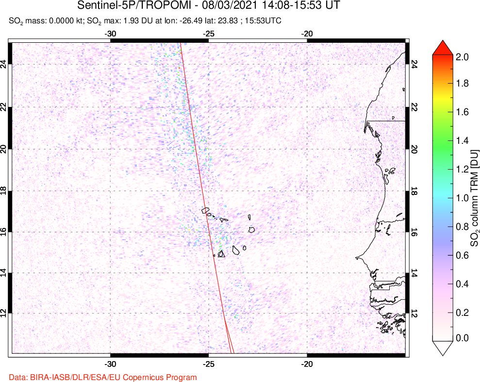 A sulfur dioxide image over Cape Verde Islands on Aug 03, 2021.