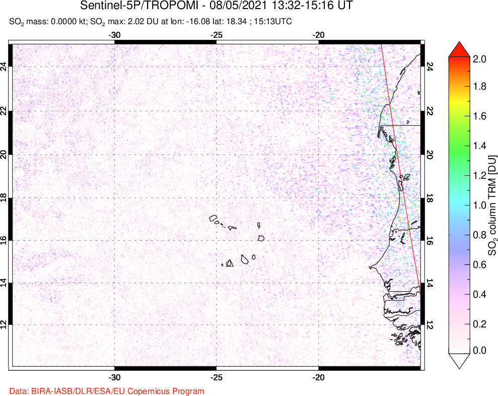 A sulfur dioxide image over Cape Verde Islands on Aug 05, 2021.