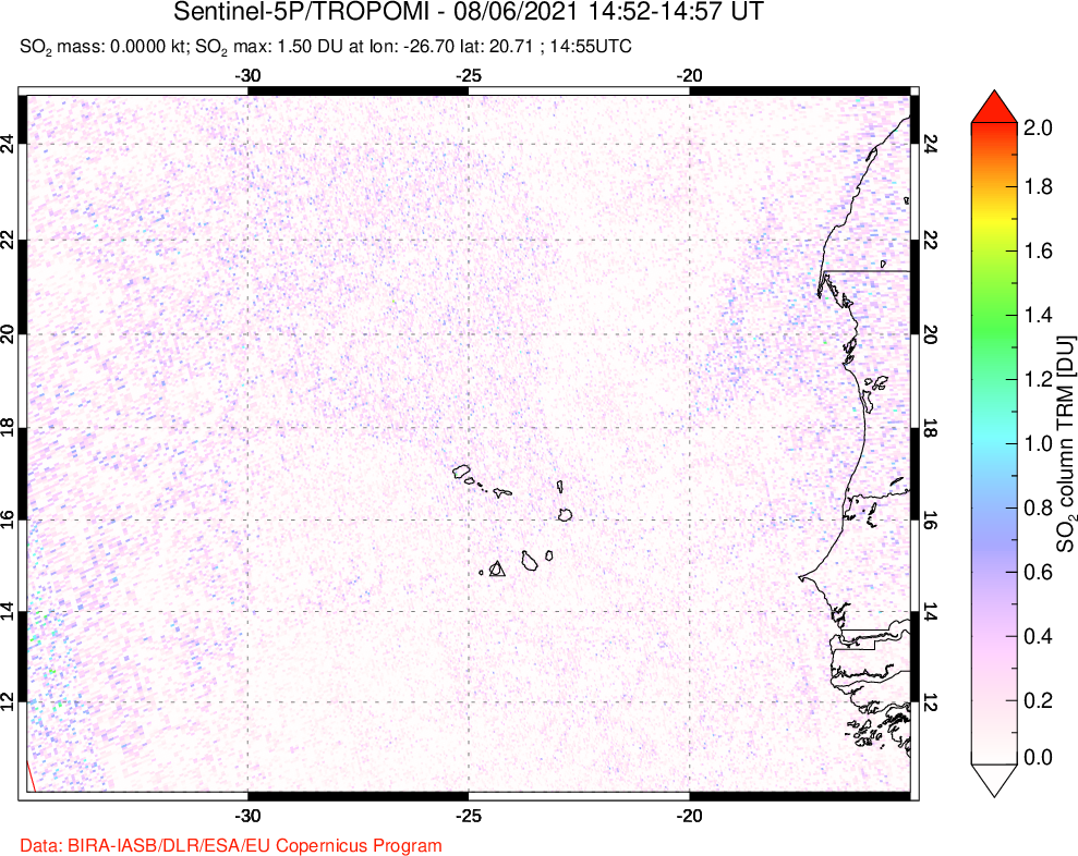 A sulfur dioxide image over Cape Verde Islands on Aug 06, 2021.