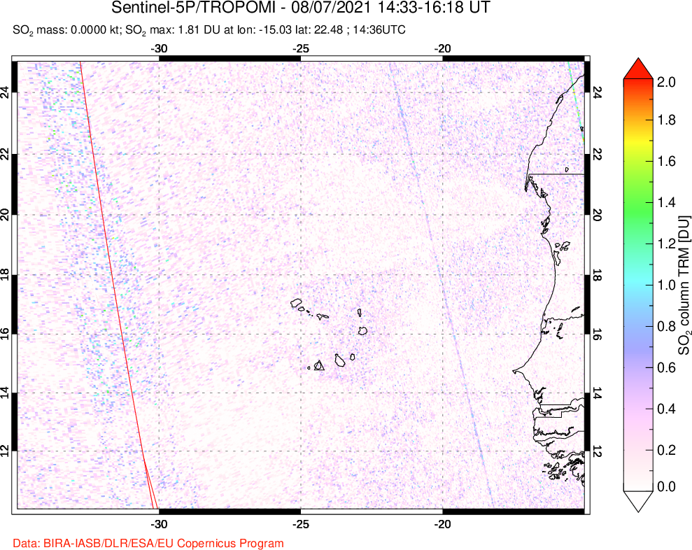 A sulfur dioxide image over Cape Verde Islands on Aug 07, 2021.