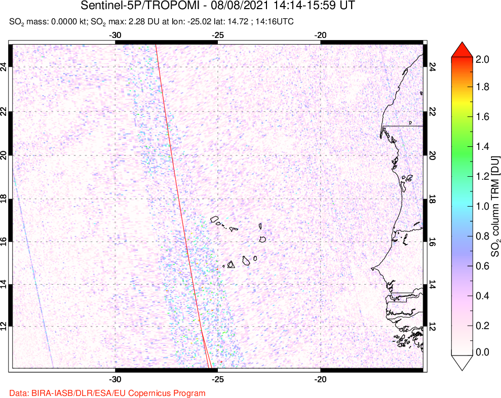 A sulfur dioxide image over Cape Verde Islands on Aug 08, 2021.
