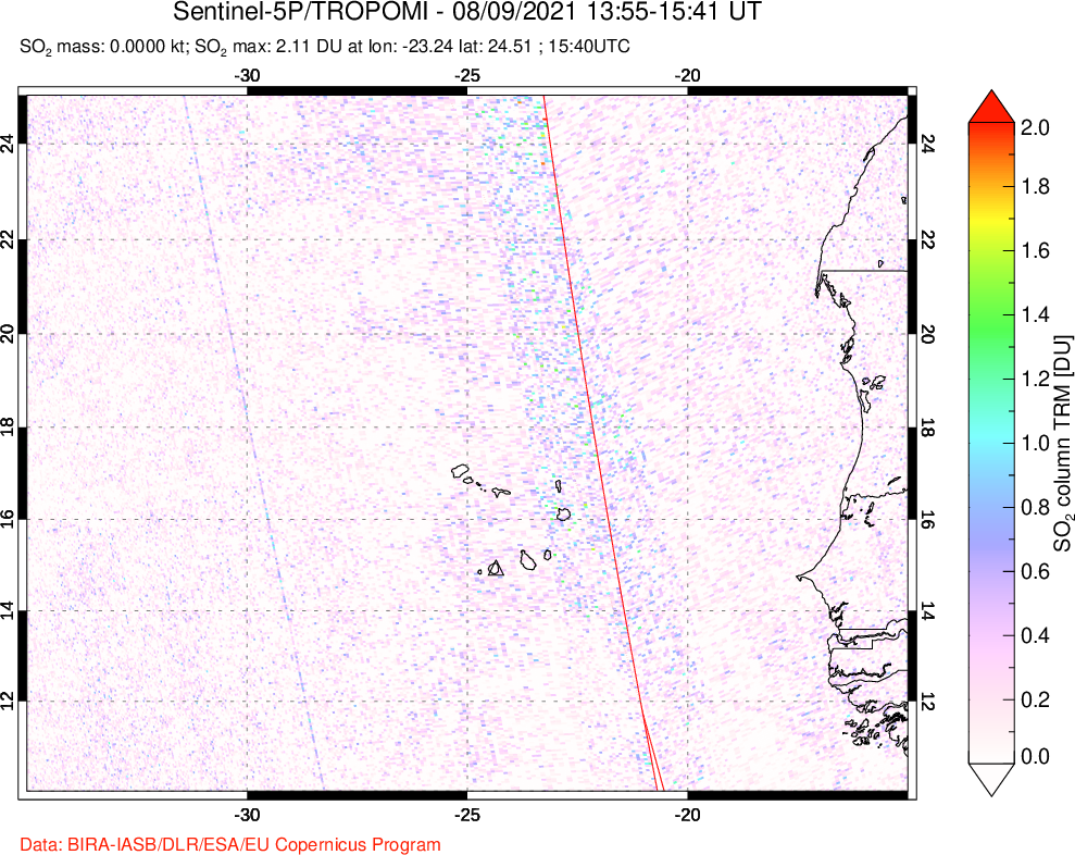 A sulfur dioxide image over Cape Verde Islands on Aug 09, 2021.