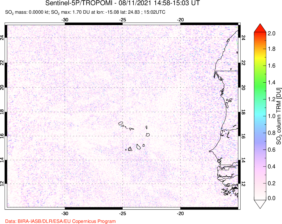 A sulfur dioxide image over Cape Verde Islands on Aug 11, 2021.
