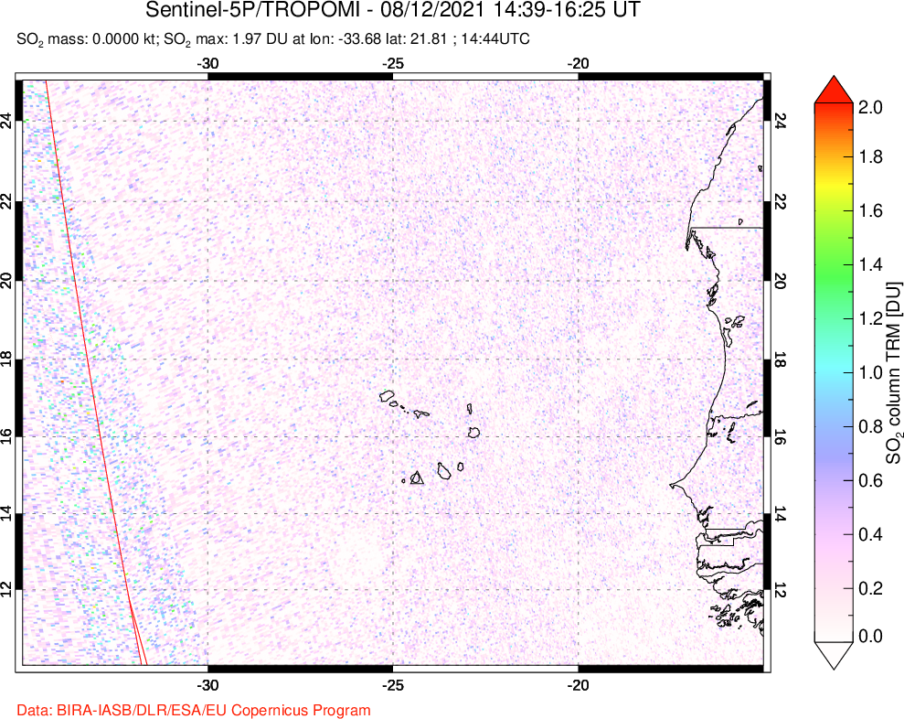 A sulfur dioxide image over Cape Verde Islands on Aug 12, 2021.