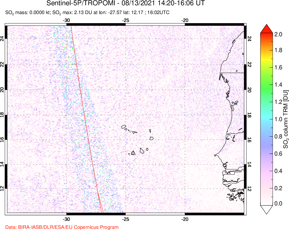 A sulfur dioxide image over Cape Verde Islands on Aug 13, 2021.