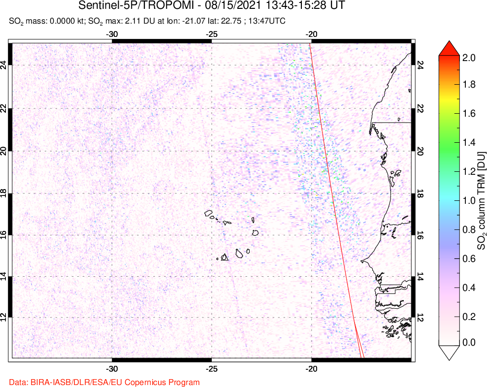 A sulfur dioxide image over Cape Verde Islands on Aug 15, 2021.