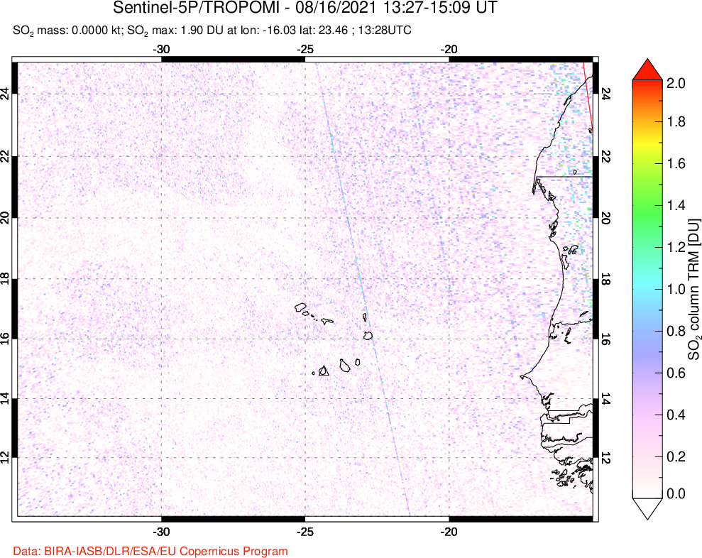 A sulfur dioxide image over Cape Verde Islands on Aug 16, 2021.