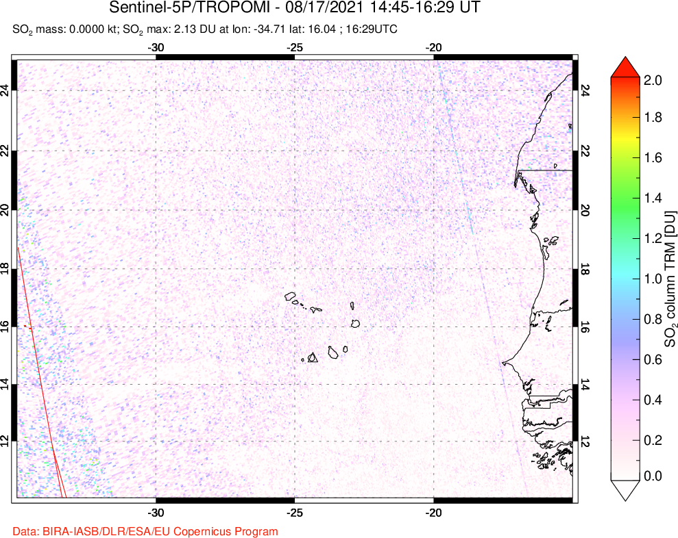 A sulfur dioxide image over Cape Verde Islands on Aug 17, 2021.