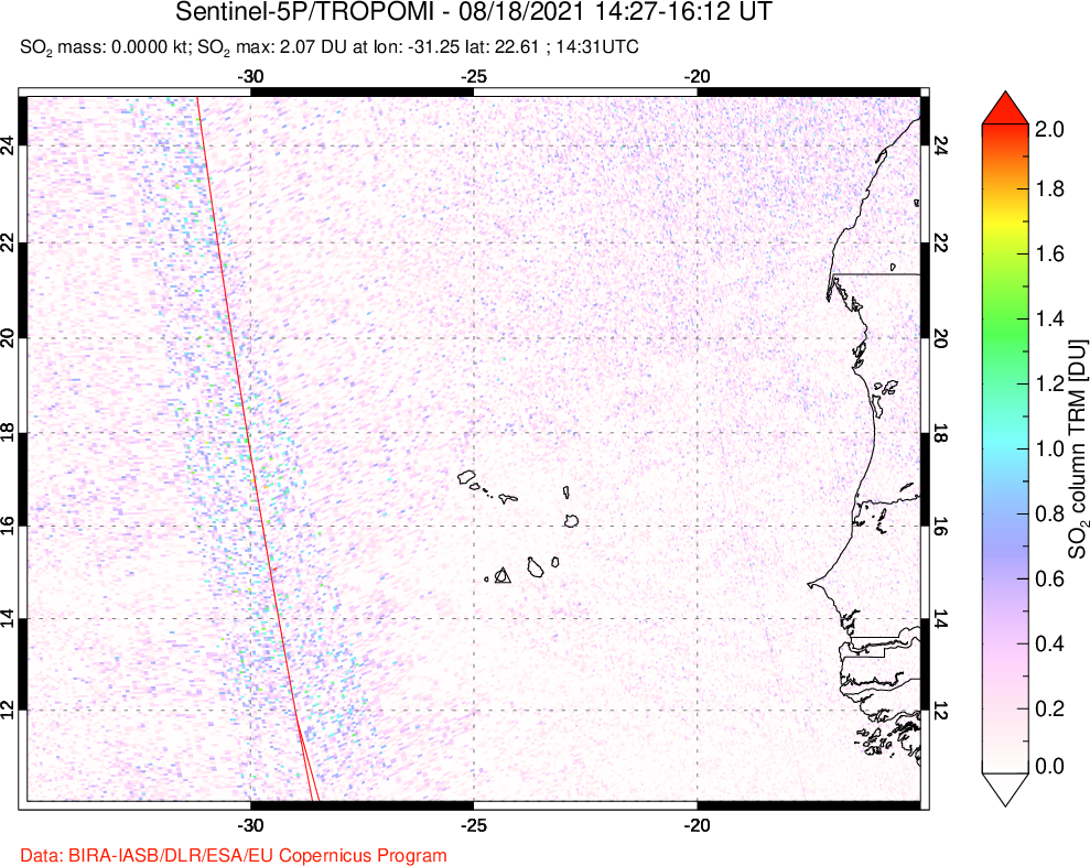 A sulfur dioxide image over Cape Verde Islands on Aug 18, 2021.
